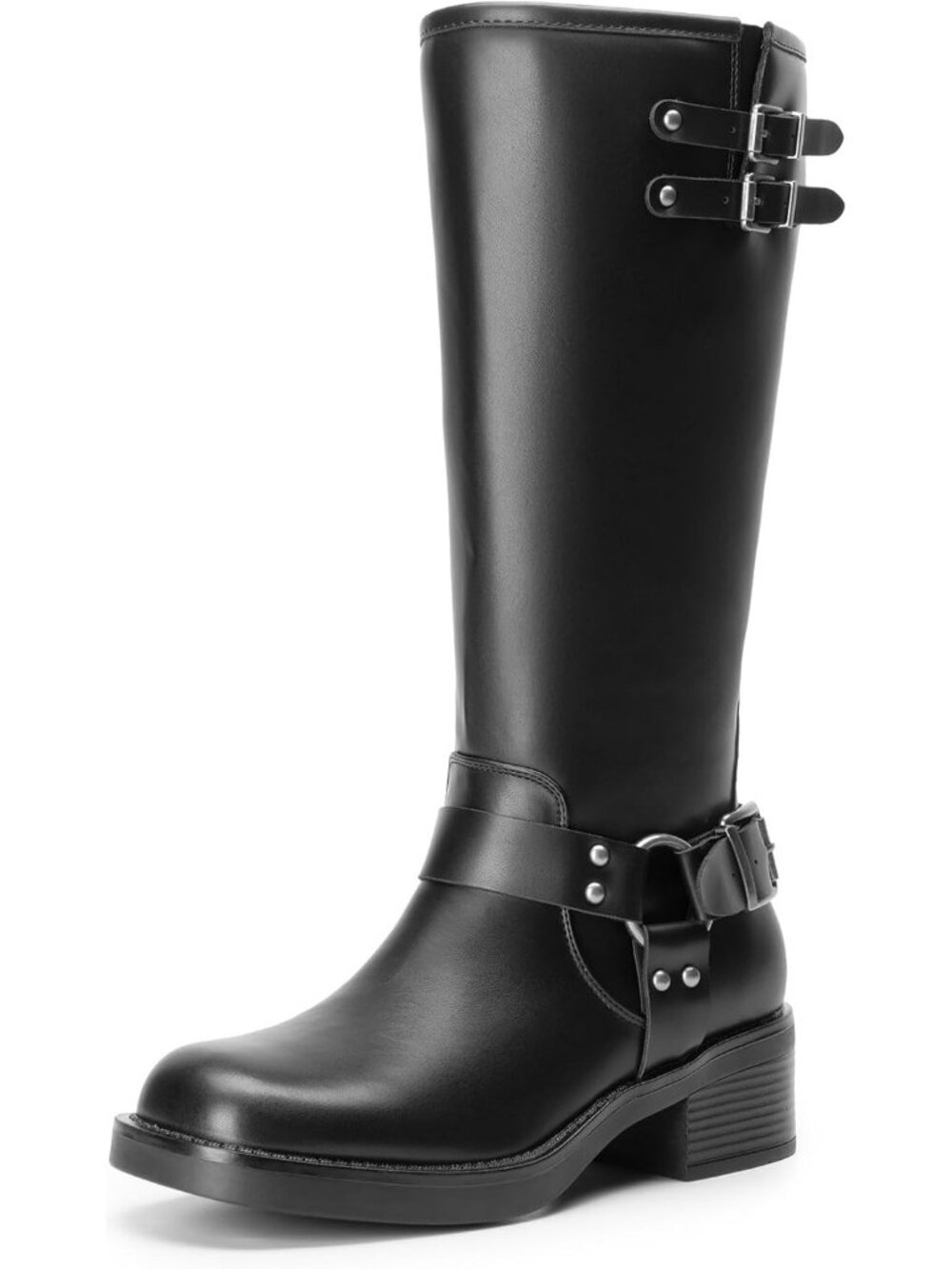 Dream Pairs Women's Black Pu Moto Knee High Low Heel Buckle Side ZIP Boots